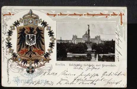 Berlin. Gruss aus. Reichstags Gebäude mit Siegessäule