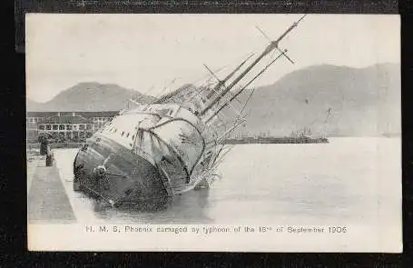 Typhoon. HMS Phoenix damaged by typhoon .1906