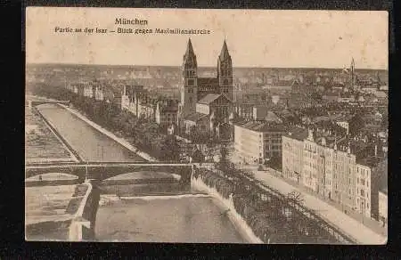 München. Partie an der Isar. Blick gegen Maximilianskirche