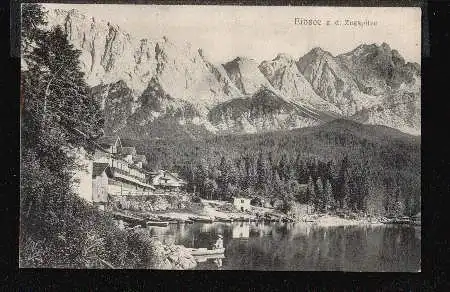 Elbsee g.d. Zugspitze. Werbekarte.Hotel und Pension Eibsee