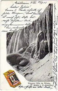 0 Quaker Werbung und Niagara Fälle im Winter.