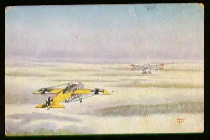 x00184; Deutsche Fliegerkarten. Hauptmann Bölcke jagt einen englischen B.E Doppeldecker.