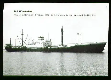 x00693; MS Münsterland. Abfahrt n HH 19.02.1967. Zurückerwartet n d. Hansestadt 24.Mai.1975.