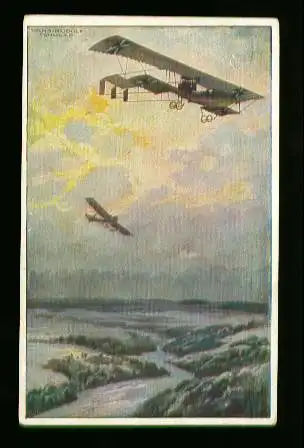 x00975; Militärdoppeldecker auf Erkundungsfahrt über den Argonenwald. Deutscher Luftflotten Verein.