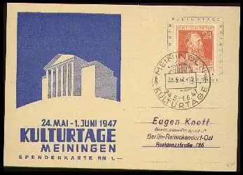 x02303; Meiningen 1947. Kulturtage. Spendenkarte.