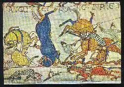 x02826; Bayeux. Pferde und normannische Kavaliere sind in eine tragische Verwirrung verwickelt.