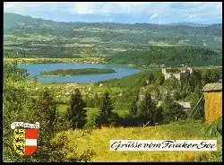 x05615; Faaker See. Grüsse vom. Faaker See mit Ruine Alt Finkensteinund Tabor. Kärnten.