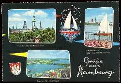 x05640; Hamburg. Michel und Bismarckdenkmal, Aussenalster mit Petri und Katharinenkirche, Binnen und Aussenalster.