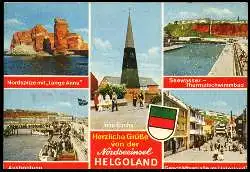 x05739; Helgoland, Herzliche Grüsse von der Insel. Nordspitze mit Lange Anna, Ausbootung, Inselkirche, Seewasser Thermalschwimmbad, Geschäftsstrasse im Unterland.