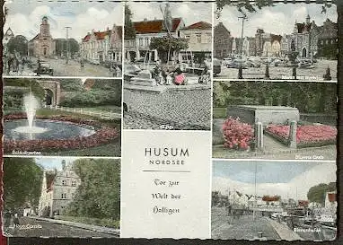 x11663; Husum, Nordsee. Tor zur Welt der Halligen. Grossstrasse, Tine, Markt mit Rathaus, Schlossgarten, Storms Grab, Haus Cornils, Binnenhafen.