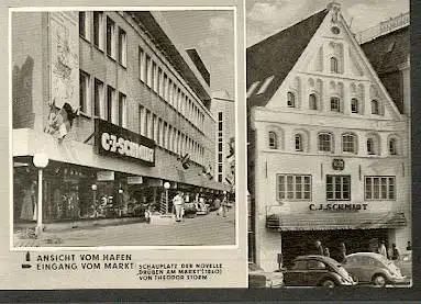 x11665; Husum. C.J. Schmidt, Textilhaus Ansicht vom Hafen, Eingang vom Markt (Schauplatz der Novelle Drüben am Markt von Theodor Storm.