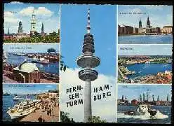 x13488; Hamburg. Fernsehturm, Hafen, St. Pauli Landungsbrücken, Michel, Elbtunnel und Hafen, Rathaus und Nikolaikirche, Binnenalster.