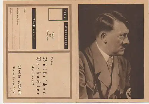 x15450;Werbekarte Völkischen Beobachter mit Adolf Hitler.