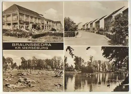 x14728; Braunsbedra. (Kr. Merseburg).Kaufhaus, ThomasvcMüntzer Siedlung, Freibad, Gondelteich.