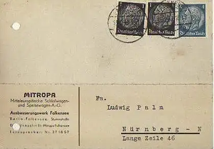 x15592; Firmenkarten; Berlin. Mitropa. Mitteleuropäsche Schlafwagen und Speisewagen A.G.