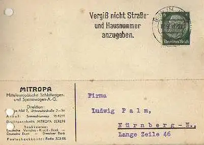 x15593; Firmenkarten; Berlin. Mitropa. Mitteleuropäsche Schlafwagen und Speisewagen A.G.