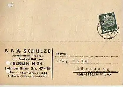 x15594; Firmenkarten; Berlin. F.F.A. Schulze. Metallwarenfabrik