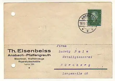 x15596; Firmenkarten; Ansbach Pfaffengreuth. Th.Eisenbeiss. Maschinen, Kraftfahrzeuge. Reparaturwerkstätten.