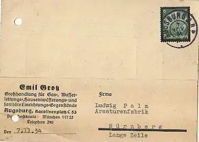 x15599; Firmenkarten; Augsburg. Emil Grotz. Großhandlung für Gas, Wasserleitungs ,Hausentwässerungs, und sanitäre Einrichtungsgegenstände