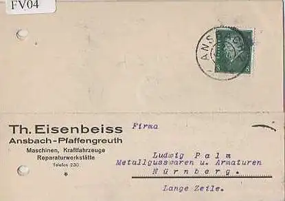 x15604; Firmenkarten; Ansbach Pfaffengreuth. Th.Eisenbeiss. Maschinen, Kraftfahrzeuge. Reparaturwerkstätten.