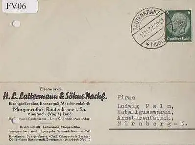 x15606; Firmenkarten; Auerbach (Vogtl. )Land Morgenröthe Rautenkranz i. Sa.. H.L.Lattermann & SöhneNachf. Eisenwerke  Eisengießereinen, Bronzeguss. Maschinenfabrik.