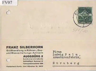 x15607; Firmenkarten; Augsburg. Franz Silberhorn. Großhandlung in Röhren, Gas, und Wasserleitungs Artikeln.