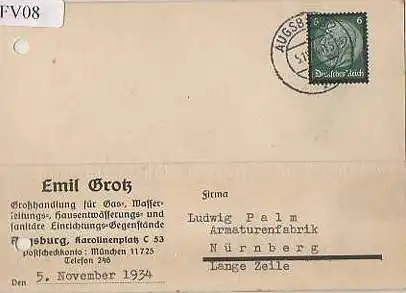 x15608; Firmenkarten; Augsburg. Emil Grotz. Großhandlung für Gas, Wasserleitungs Hausentwässerungs und sanitäre Einrichtungsgegenstände