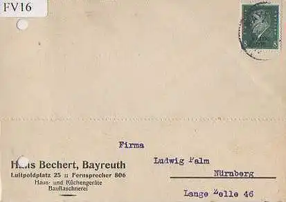 x15616; Firmenkarten; Bayreuth. Hans Bechert. Haus und Küchengeräte, Bauflaschnerei
