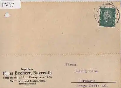 x15617; Firmenkarten; Bayreuth. Hans Bechert Ingenieur. Haus und Küchengeräte. Bauflaschnerei