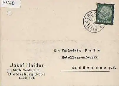 x15640; Firmenkarten; Dietersburg. (Ndb.)Josef Haider. Mechan: Werkstätte