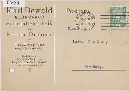 x15653; Firmenkarten; Elberfeld: Karl Dewald. Schraubenfabrik und Fasson Dreherei