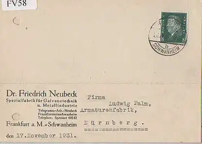 x15658; Firmenkarten; Frankfurt a.M Schwanheim.. Dr. Friedrich Neubeck. Spezialfabrik für Galvanotechnik u. Metallindustrie