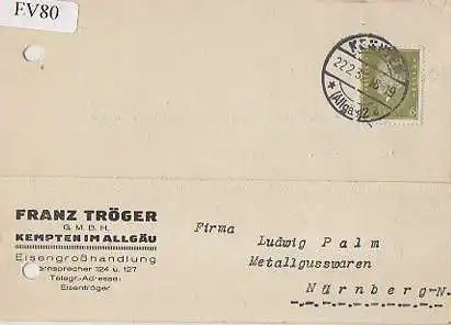 x15680; Firmenkarten; Kempten im Allgäu. Franz Tröger GmbH.. Eisengroßhandlung