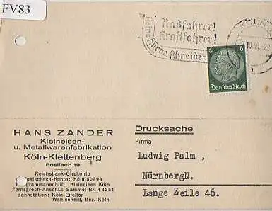 x15683; Firmenkarten; Köln. Klettenberg. Hans Zander. Kleineisen u. Metallwarenfabrik