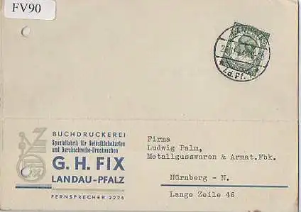 x15690; Firmenkarten; Landau (Pfalz). G.H. Fix. Buchdruckerei (Spezialfabrik für Selbstklebekarten und Durchschreibe. Drucksachen