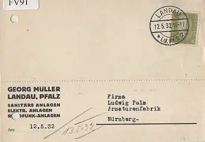 x15691; Firmenkarten; Landau (Pfalz). Georg Müller. Sanitäre, Elektr. .Rundfunk Anlagen