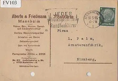 x15703; Firmenkarten; Mannheim. Aberle & Friedmann. Röhren, Gas, Wasser. Dampf, und Kanalisationsartikel. ...