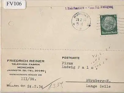 x15706; Firmenkarten; München. Friedrich Reiner. Telephon Fabrik