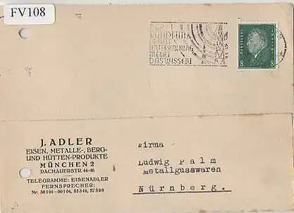 x15708; Firmenkarten; München. J.Adler. Eisen, Metalle, Berg und Hüttenprodukte
