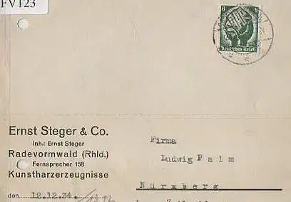 x15723; Firmenkarten; Radevermwald (Rhld). Ernst Steeger & Co. Kunstharzerzeugnisse