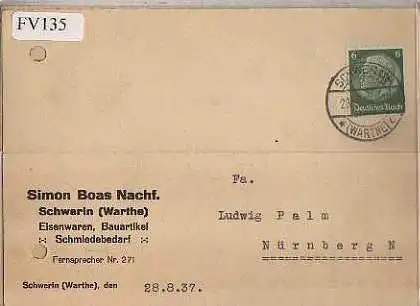 x15735; Firmenkarten; Schwerin ( Warthe). Simon Boas Nachf.. Eisenwaren, Bauartikel, Schmiedebedarf
