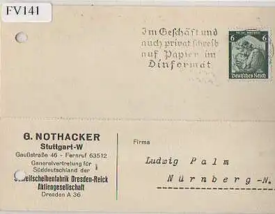 x15741; Firmenkarten; Stuttgart W. G.Nothacker , Generalvertretung für Süddeutschland der Sehleifscheibenfabrik Dresden Reick A.G.