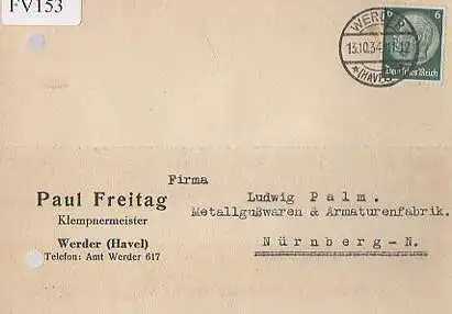 x15753; Firmenkarten; Werder (Havel). Paul Freitag. Klempnermeister