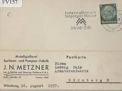 x15757; Firmenkarten; Würzburg. J.N.Metzner. Metallgießerei, Spritzen, und Pumpen Fabrik