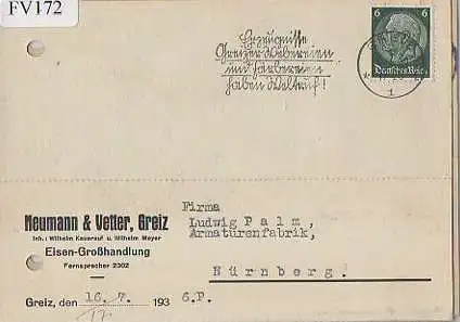 x15772; Firmenkarten; Greiz. Neumann & Vetter, Eisen Grosshandlung