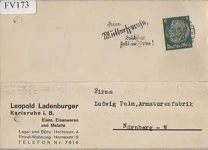 x15773; Firmenkarten; Karlsruhe i. B. Leopold Ladenburger, Eisen Eisenwaren und Metalle