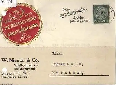 x15774; Firmenkarten; Siegen i. W. W. Nicolai & Co. Metallgießerei und Armaturfabrik (knick)