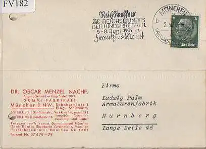 x15782; Firmenkarten; München 2 NW. Dr. Oscar Menzel Nachf. Gummi Fabrikate. Rückseite mit Afkleber: 1897 1937.