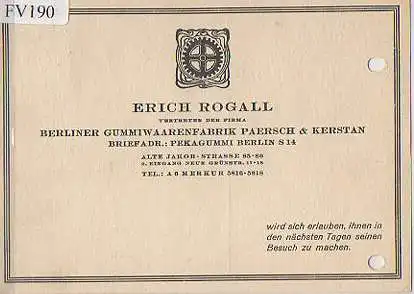 x15790; Firmenkarten; Berlin S14, Paersch & Kerstani. Vertreter : E. Rogalla