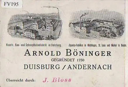x15795; Firmenkarten; Duisburg Andernach Arnold Böningen 2 Fabriken Ansichten auf 1 Blatt
